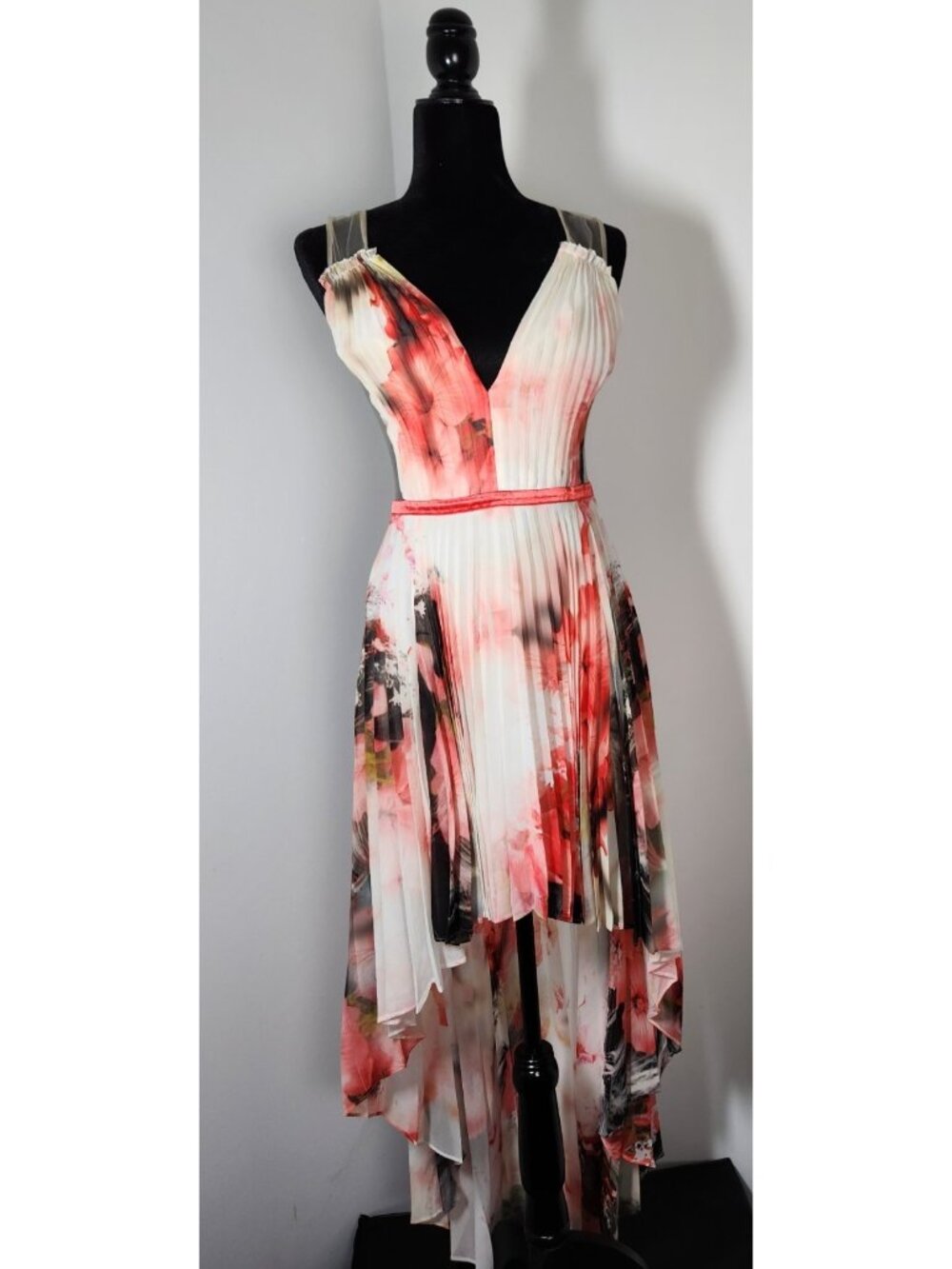 Bebe High Low Pleated Maxi Dress Floral Illusion Stunning Cocktail Women’s Sz 6